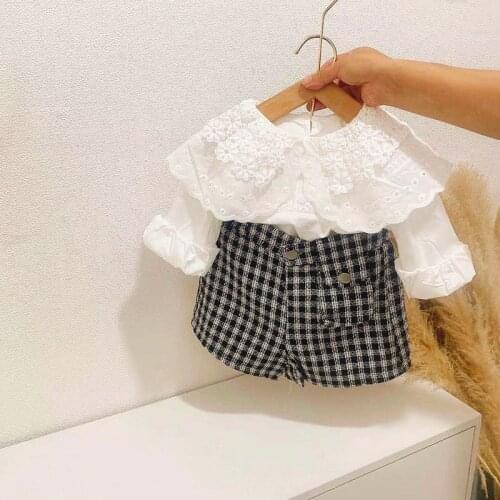 Sweet Kids Autumn Girls Princess Clothes Set Baby Children Long Sleeve Blouse Tops+Plaided Shorts Pants 2pcs Suit Outfits S13035