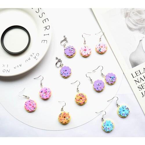 Creative DIY Funny Soft Ceramics Cream Cake Earrings Unique Design Sweet Cute Various Colours Round Biscuits Earrings