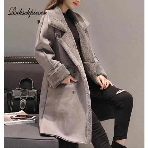 Rihschpiece Winter Suede Long Jacket Women Velvet Parka Thick Fur Coat Warm Vintage Casual Pocket Clothes Outwear RZF1520