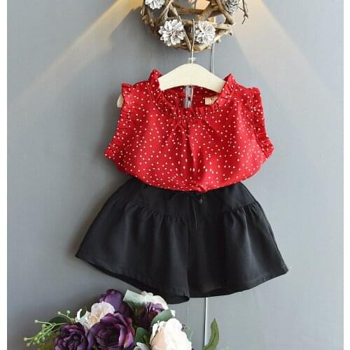 Summer Casual Toddler Girls Clothing Set Sleeveless Polka Dot Shirt + Elegant Black Culottes 2pcs Cotton Children Clothes 3Y-8Y
