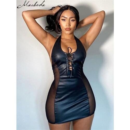 Macheda Autumn new skintight PU leather patchwork dress sexy deep V-neck piercing lace-up dress Punk girls clothing collection