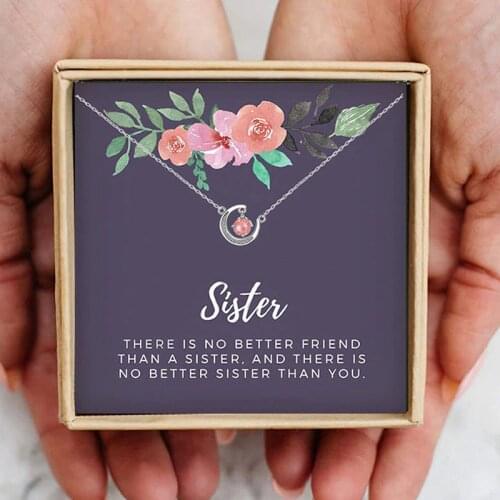 New Chain Necklace Women Moon Crystal Red Pink Beads Horn Crescent Pendant Necklace Gift To Sisters Wish Card Jewelry