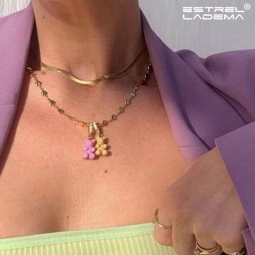 Sweet Colorful Candy Bear Zircon Pendant Necklace For Women Girls Gold Silver Color Heart Metal Chain Necklaces Y2K Jewelry New