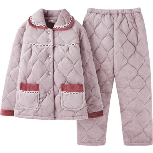 Three-layer thick coral velvet quilted pajamas Middle-aged womens flannel quilted sleepwear Long sleeve warm pijamas mujer XXXL