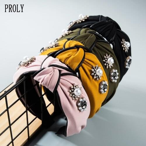 PROLY New Fashion Women Hair Accessories Baroque Rhinestone Headband Wide Side Solid Flower Hairband Adult Luxurious Turban