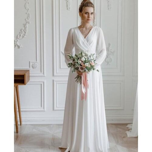 Boho Wedding Dress Chiffon Split Floor length Long Sleeve V-Neck Charming With Sash bow Beach Rustic robe de soirée de mariage