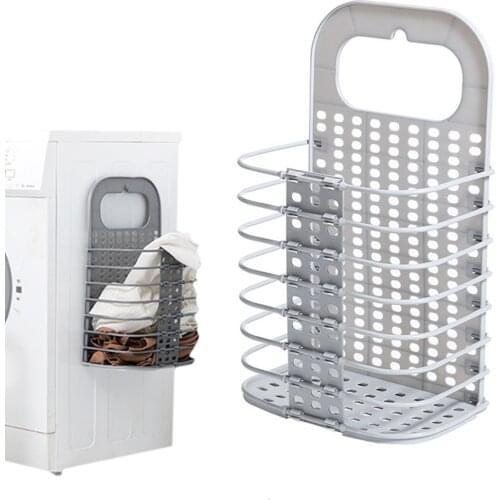 Collapsible Dirty Clothes Basket Plastic Laundry Storage Basket Wash Machine Side Container Hollow Out Wall-Mounted Bin Hamper
