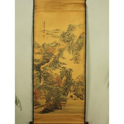 Antique painting traditional Chinese Tang Bohu mountain autumn landscape painting scroll painting,old paper painting