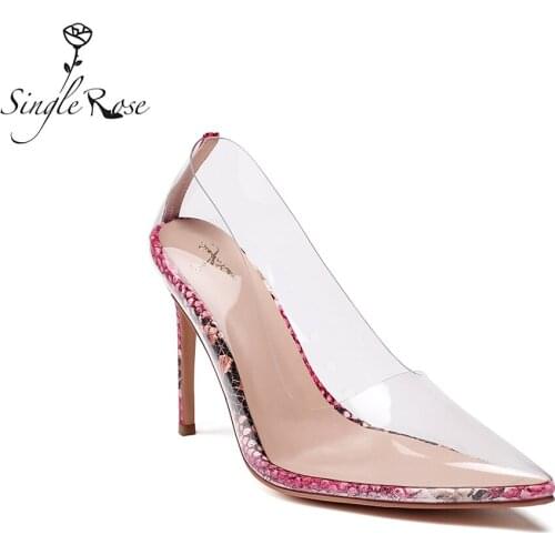 Single Rose Womens Shoes Clear PU Transparent Pumps Sandals High Heels Slip-on Fashion Brand Sexy Point Toes Stilettos For Lady