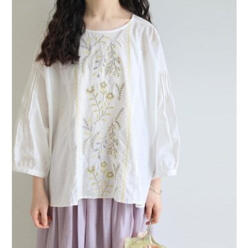 Johnature Vintage Cotton Linen Embroidery Floral Women Shirts 2021 Summer New Loose Mori Japanese Female Blouses