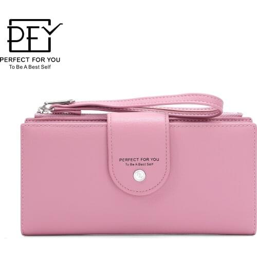 Ladies Fashion Cute Cartoon Pure Color Wallet PU Leather Long Portable Multi-Card Holder Multi-function Zipper Buckle Wallet