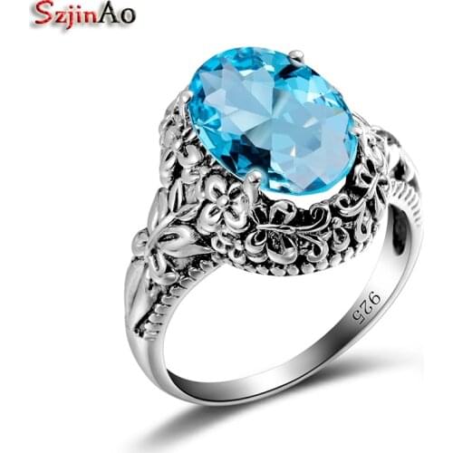 Szjinao Classic Convex Oval Austrian Aquamarine Ring Flower Vintage Love Women Anniversary Gift 925 Sterling Silver Jewelry