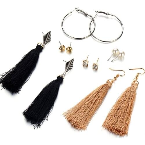 Gold Silver Color Heart Stud Earrings Set Long Tassel Dangle Drop Eardrop Hoop Crystal Rhinestone Simulated Pearl Jewelry 6 Pair