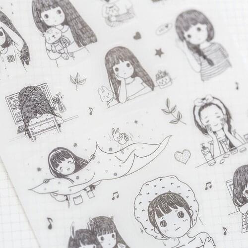 6 Sheets /set Cute Girls Daily Life Diary Stickers Black White Creative Bullet Journal Decoration DIY Stationery Stickers