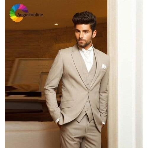 Beige Slim Fit Wedding Men Suits Groom Tuxedos 3 Pieces (Jacket+Pants+Vest) Bridegroom Suits Best Man Blazer Prom Costume Homme
