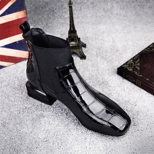 2021 Chic Women Boots Shiny Pu Leather Autumn Winter Shoes Spuare Toe Block Heels Ankle Boots Female Botas Zapatos Mujer