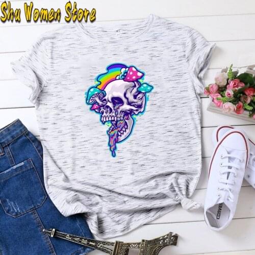 T-shirts Women Floral Skull Flower Fashion 2021 Cute Spring Summer Clothes Graphic Tshirt Top Lady Print Female Tee T-Shirt
