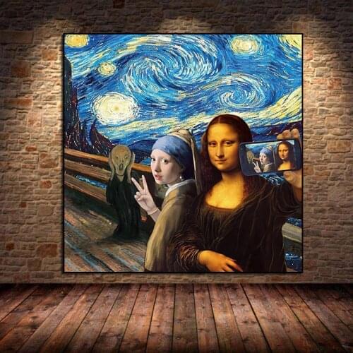 Funny Art Mona Lisa Girl And With Pearl Earrings Selfie Canvas Painting Posters and Prints Wall Art Pictures Home Decor Cuadros