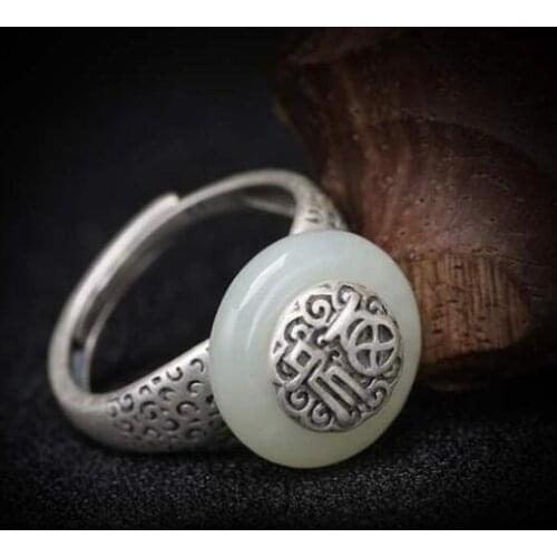 Natural Hetian jade kaikoufu ring pure silver white jade safety buckle fashion mother girlfriend gift
