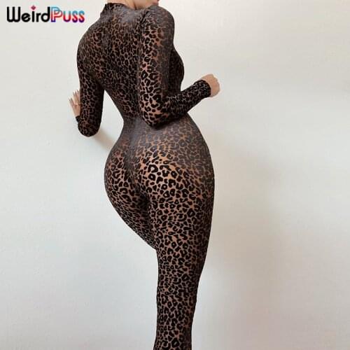 Weird Puss Sexy Leopard Turtleneck Mesh Jumpsuit Women Zipper Stretchy Bodycon Hipster Workout Clubwear Autumn Fitness Clothing