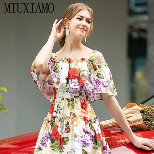 MIUXIMAO High Quality 2020 Summer New Women Party Casual Beach Vintage Elegant Fashion Print Strap Off Shoulder Dress Vestidos