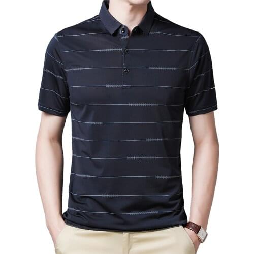 BROWON Summer Oversized T Shirt Men Short Sleeved Striped Breathable Anti-wrinkle T-shirt for MaleTurn-down Collar Mens Clothing