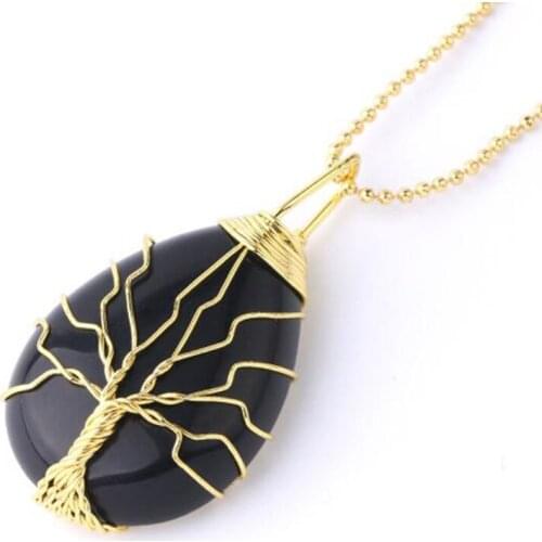 Tree Of Life Necklace Natural Stone Pendant Gold Color Wire Wrap Gem Pink Quartz Suspension Jewelry Necklace Gifts