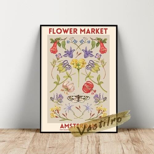 Amsterdam Flower Market Poster, Flower Market Art Prints, Vintage Flora Wall Painting, Plant Flower Leaf Wall Decor, Idea Gift