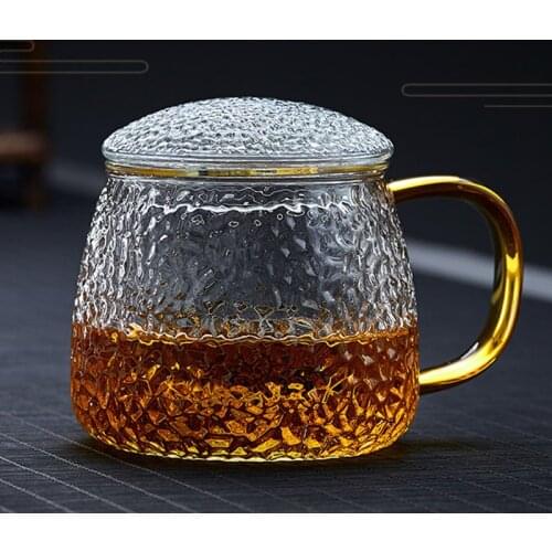 Hammer Pattern Glass With Cover, Filter Inner Bladder, Tea Separation Creative Coffee Cup With Handle, Flower Tea Cup