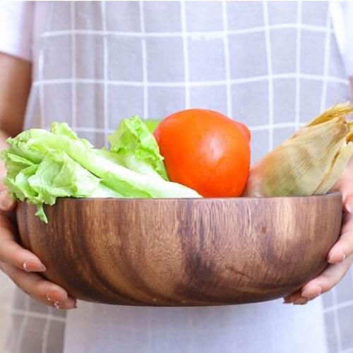 10/14/16cm Natural Acacia Wooden Bowl Wood Grain Basin Fruit Plate Rice Ramen Salad Container Household Kitchen Tableware