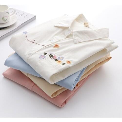Vintage Flower Embroidery Women Shirts Summer New 2021 Cotton 100% Turn-Down Long-Sleeved Casual Female Outwear Tops