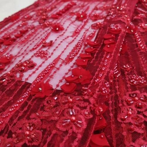 Embroidery french lace fabric with beads SYJ-59681 nice French tulle mesh lace fabric