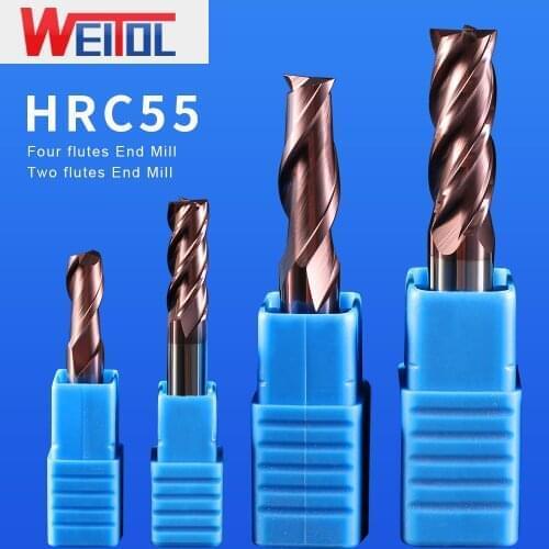 Weitol 1pcs HRC55 tungsten carbide end mill double flutes/four flutes flat bottom router bits cutting bits cnc milling cutter
