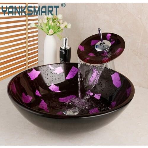 YANKSMART Round Tempred Glass Basin Sink Bathroom Faucet Set Washbasin Vessel Vanity Counter Top Mixer Water Faucet Combo Kit