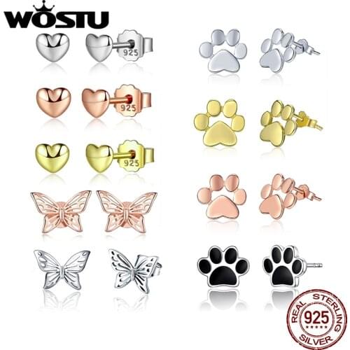 WOSTU Authentic 925 Sterling Silver Heart Shape Star Zircon Stud Earrings Women Wedding Luxury Fashion Fine Jewelry Making Gift