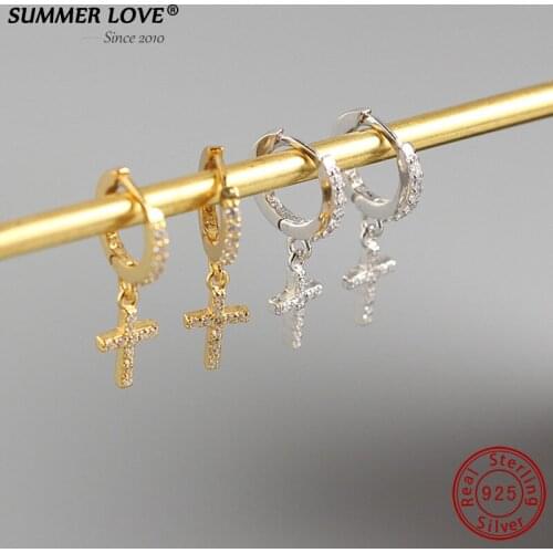 Summer Love 925 Sterling Sliver Cross Earrings Top Quality Crystal Cross Hoop Earrings for Women Wedding Jewelry Dropshipping