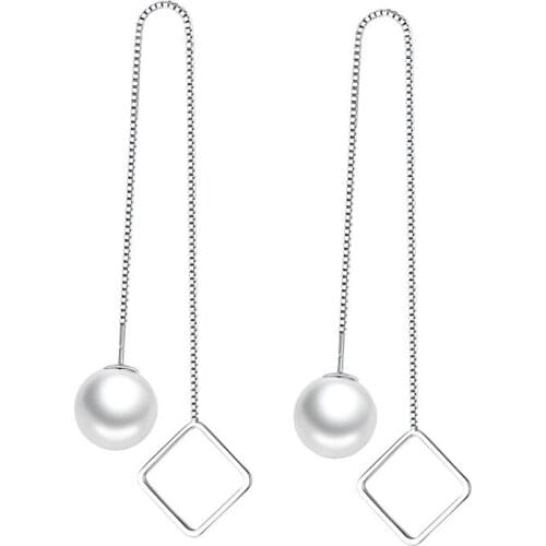 100% 925 sterling silver fashion geometric pearl ladies`long drop earrings jewelry wholesale gift drop shipping