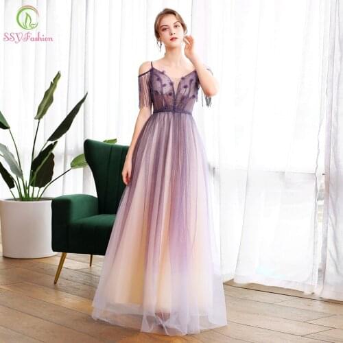 SSYFashion New Sweet Puruple Evening Dress Sexy V-neck Sleeveless Tassel Flower Long Prom Formal Gown Vestidos De Noche