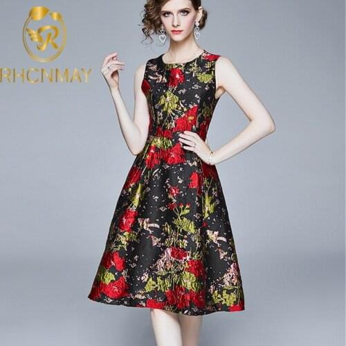 Summer Party Vintage Jacquard Sleeveless Dress Women O-neck A-line Pleated Knee-length Dresses Fashion Elegant Ladies Vestidos