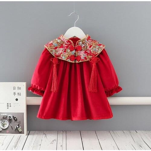 Winter New Baby Girls Dresses Chinese Style Children Plus Velvet Annual Dress Christmas New Year Princess Dresses 0-4Y