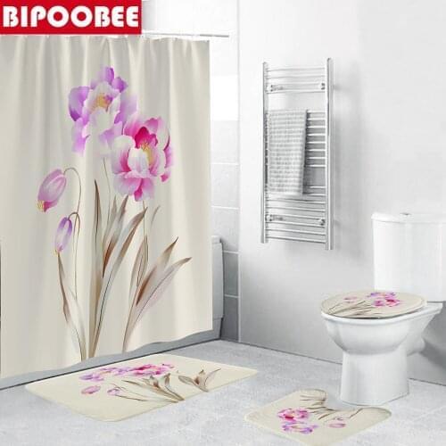 180x180cm Pink Flowers Bathroom Curtains Polyester Fabric Shower Curtain Toilet Lid Cover Pedestal Non-slip Carpet Bath Mat Rugs
