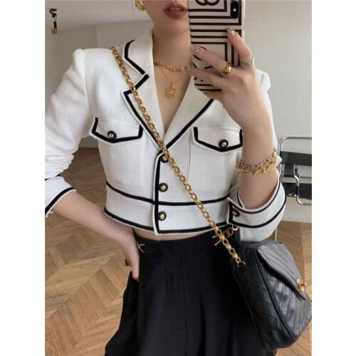 Spring Autumn Women Slim Thin Jacket Contrast Color Short Jackets Female Black White Single Breast Coat Elegant Vintage Outwear