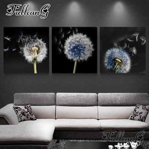 FULLCANG 3pcs/set diamond embroidery plant dandelion triptych diy 5d mosaic painting full square/round drill home decor FC822