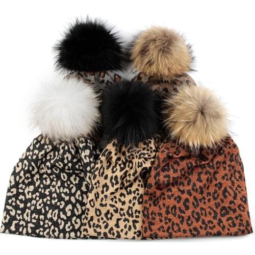 Geebro New Striped Leopard Print Casual Beanie Autumn And Winter Warm With Raccoon Pom Pom Fashion Skull Female Hat Caps