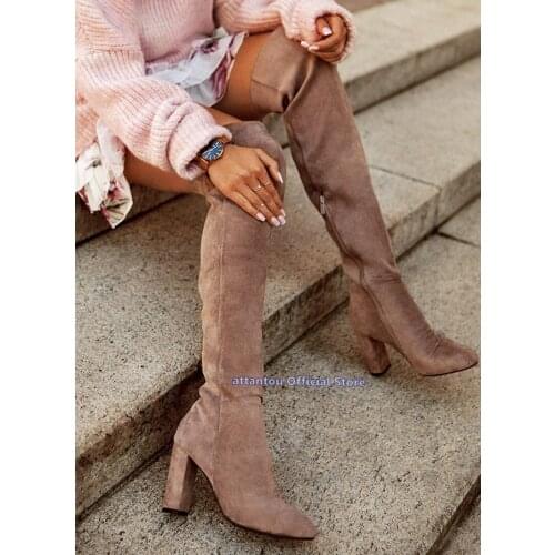 Glori leather Over The Knee Block Chunky High Heeled Overknee Boots Woman Solid Color Pointed Toe Winter Shoes Long Bota