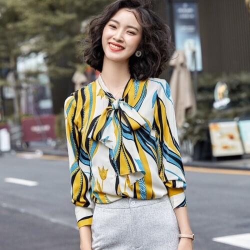 IZICFLY Fall Spring Yellow Print Floral Long Sleeve Shirt Women Fashion Plus Size Tops Korean Slim Office Bow Elegant Blouse