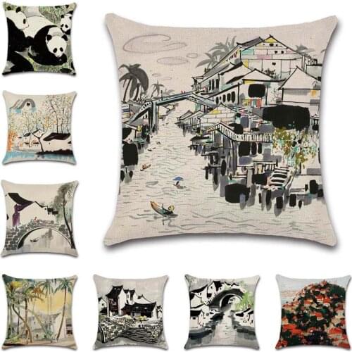 Chinese ink painting village Cushion Cover decorative Home Throw sofa chair car seat friend kids boys bedroom gift pillowcase