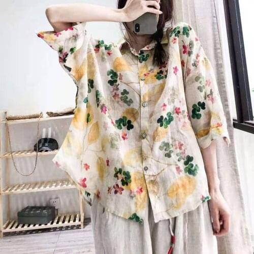 Summer Shirts Women Sweet Print Loose Batwing Three Quarter Sleeve Female Ramie Tees Fashion