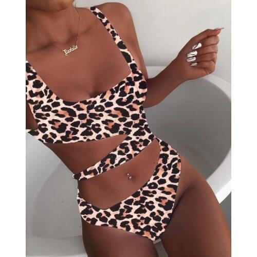 2021 New Summer Women One Piece Swimsuit Hollow Cut Out Ribbed Leopard Printed Swimwear Bathing Suits Monokini Swimwear