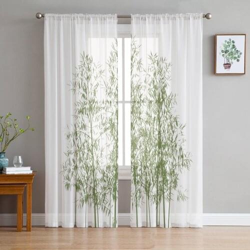 Green Bamboo Ink Fresh Sheer Curtains for Girl Kids Bedroom Kitchen Window Drapes Curtain Home Decoration